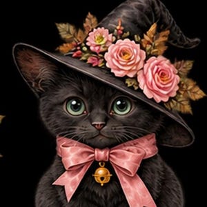 Könnte beinhalten: Ein schwarzes Kätzchen mit großen grünen Augen trägt einen schwarzen spitzen Hut, der mit rosa Rosen und braunen Blättern verziert ist. Das Kätzchen hat eine rosa Schleife um den Hals mit einer kleinen goldenen Glocke, alles vor schwarzem Hintergrund.