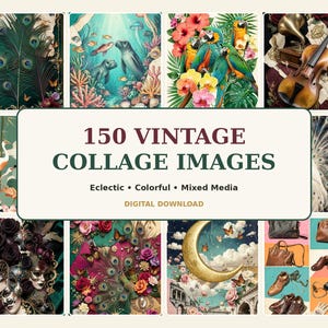 Könnte beinhalten: Eine Sammlung von 150 Vintage-Collage-Bildern mit verschiedenen Motiven wie Pfauenfedern, Meereslebewesen, Papageien, einer Geige, Kranichen, Masken, einer Mondsichel und verschiedenen Lederaccessoires, erhältlich als digitaler Download.