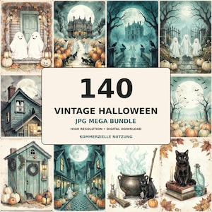 Vintage Halloween Mega Bundle 140 JPG, Halloween Junk Journal, Geister, Haunted House, Schwarze Katzen, Witchy Digital Paper
