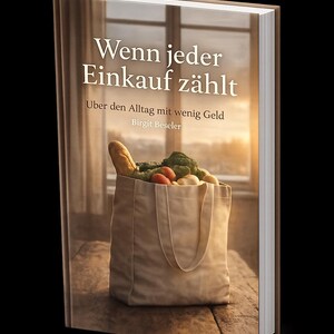 May include: A book cover with the title "Wenn jeder Einkauf zählt" in white text. The cover features a canvas tote bag filled with groceries, including bread, broccoli, and tomatoes. The background shows a window with a blurred outdoor scene.