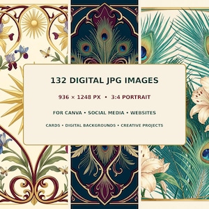 Könnte beinhalten: Eine Sammlung von 132 digitalen JPG-Bildern im 936 x 1248 px 3:4 Hochformat. Die Designs zeigen verzierte Muster mit Sonnenmotiven, Irisblüten, Schmetterlingen, Pfauenfedern und Lilien in den Farben Creme, Gold, Burgunderrot und Petrol.
