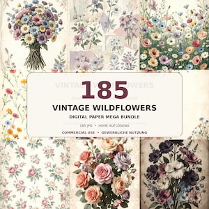 185 Vintage Wildflower Digital Papers, Wildblumen Hintergründe, florale JPG Bilder, Junk Journal, Commercial Use