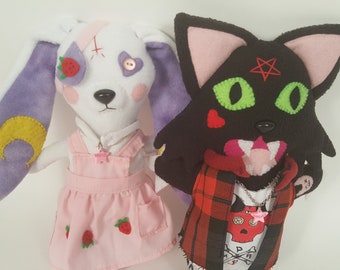 Best Friends Plush Set- Menhera Lolita Bunny Rabbit and Punk Goth Rocker Kitty Cat