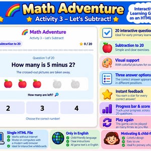 Pode incluir: Math Adventure Activity 3 Let's Subtract é um jogo de aprendizagem interativo em formato HTML. A interface mostra uma subtração com gráficos de maçãs, uma barra de progresso e três opções de resposta. Inclui 20 perguntas, suporte visual, feedback instantâneo e um marcador de pontuação.
