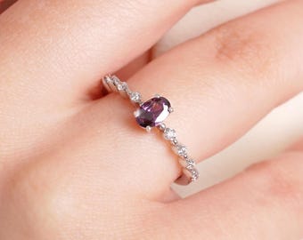 Amethyst Engagement Ring, Dainty Diamond Band, Oval Gemstone Jewelry