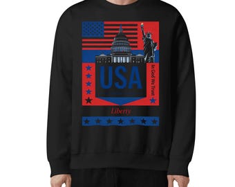 USA Sweatshirt Patriotic American Flag Crewneck Statue of Liberty Capitol Building Shirt US Pride Gift for Veterans Liberty Pullover