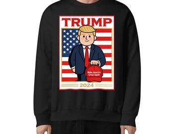 Trump Sweatshirt, Cartoon Trump MAGA Crewneck, Funny Republican Gift, Patriotic American Flag Sweater, Election Apparel, Unisex