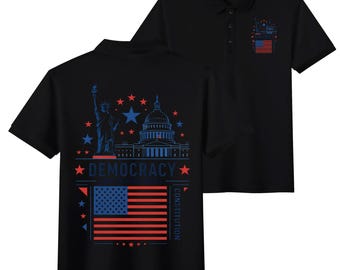 Democracy Polo Shirt Men, Patriotic American Flag Golf Shirt, Statue of Liberty US Capitol Tee, Fourth of July Gift for Him, USA Pride Top