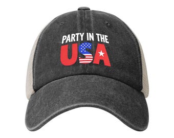 Party in the USA Hat, Patriotic Baseball Cap, 4th of July Trucker Hat, American Flag Denim Mesh Cap, USA Pride Gift, Mens Womens Summer Hat