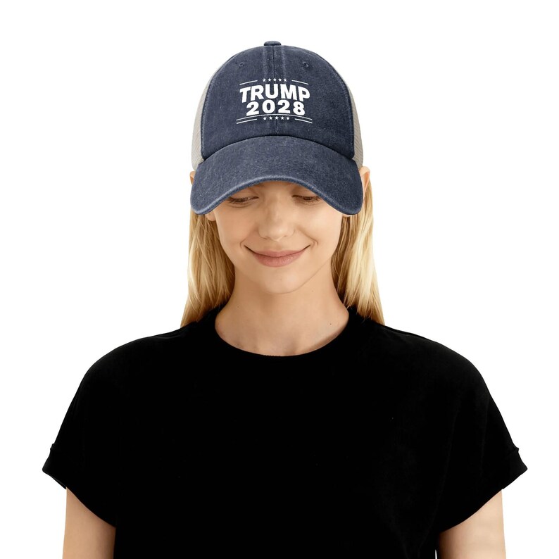 Gorra retro de malla vaquera de Trump 2028, gorra de béisbol de Donald Trump 2028, regalo patriótico del Partido Republicano, gorra para el sol de las elecciones estadounidenses de 2028, gorra vintage imagen 8