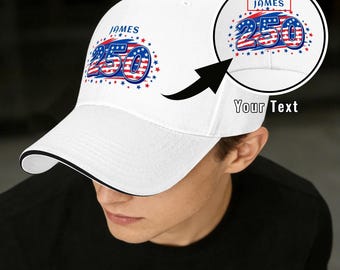 Gorra del 250 aniversario de EE. UU. con estrellas y rayas, gorra patriótica personalizada con nombre, gorra blanca de béisbol del 250 aniversario.