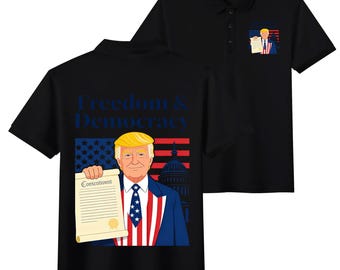 Donald Trump Polo Shirt Freedom and Democracy Men's Black Polo US Constitution Patriot Gift Republican Apparel American Flag Political Top