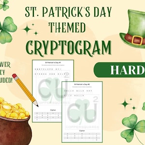 May include: St. Patrick's Day themed cryptogram puzzle with a green leprechaun hat, shamrocks, and a pot of gold. The text includes "St. Patrick's Day Themed Cryptogram", "Hard", and "Answer Key Included!"