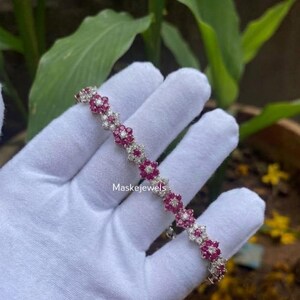 Vintage rosa rubin tennisarmband, runt slipat simulerat rubin diamantarmband, 925 sterlingsilver, blommiga statementsmycken, present till kvinnor