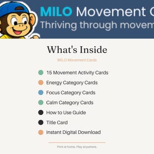 May include: Image of a webpage for Milo Movement Co. with a cartoon monkey logo. The text reads "What's Inside" and lists 15 movement activity cards, energy, focus, and calm category cards, a how-to guide, a title card, and an instant digital download.
