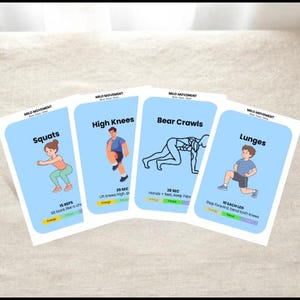 May include: Four exercise cards with illustrations and instructions for squats, high knees, bear crawls, and lunges. Each card features a light blue background with the words "Mild Movement" at the top.