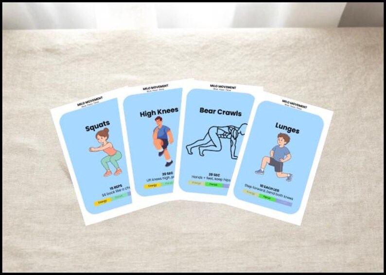 May include: Four exercise cards with illustrations and instructions for squats, high knees, bear crawls, and lunges. Each card features a light blue background with the words "Mild Movement" at the top.