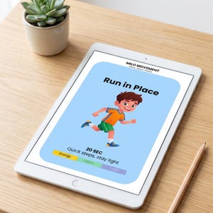 May include: A white tablet displays a workout graphic with the text "Run in Place." The illustration shows a cartoon child running. The tablet is on a wooden surface, with a small succulent plant in a white pot and a pencil nearby.
