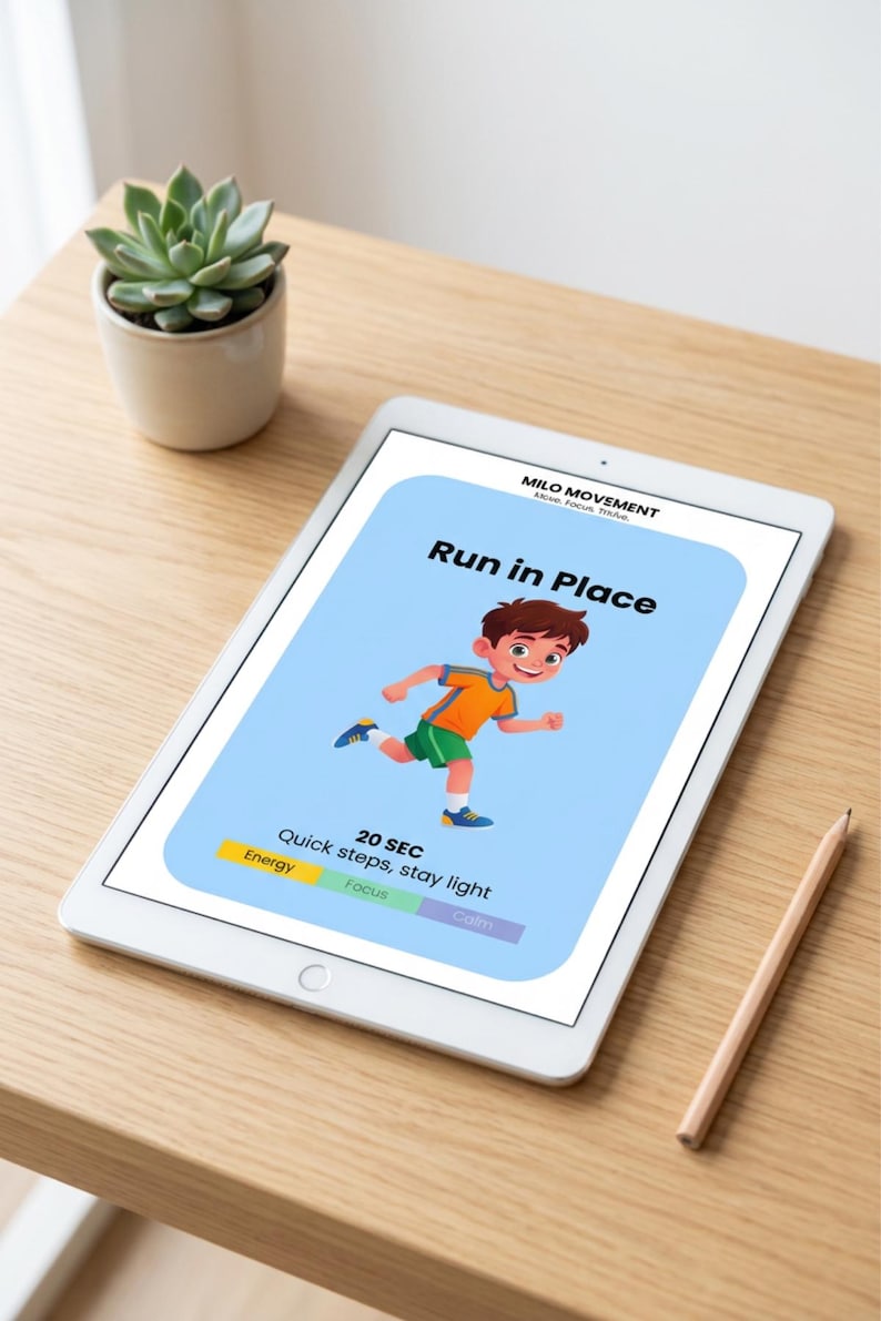 May include: A white tablet displays a workout graphic with the text "Run in Place." The illustration shows a cartoon child running. The tablet is on a wooden surface, with a small succulent plant in a white pot and a pencil nearby.