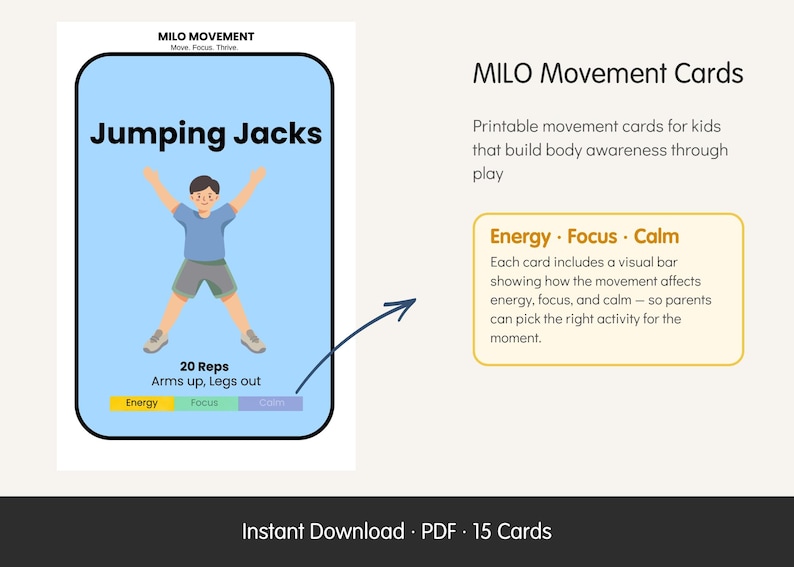 May include: A printable MILO Movement card for kids, featuring a Jumping Jacks illustration. The card includes a visual bar for energy, focus, and calm, with the text "20 Reps, Arms up, Legs out". The card is an instant PDF download.