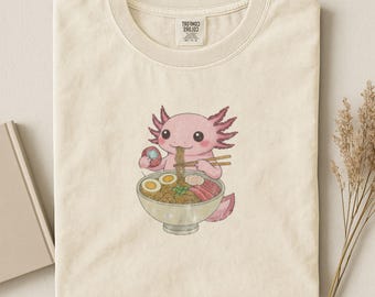 Axolotl with Tamagotchi Eating Ramen T-shirt | Japanese Style Illustration