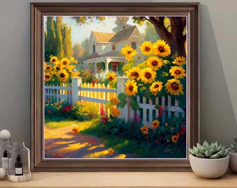 Cuadro de paisaje con girasoles en una cabaña, arte floral rústico de granja (descarga digital)