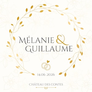 Peut inclure: Une invitation de mariage avec un design floral. Les noms "MÉLANIE & GUILLAUME" sont en gris foncé, avec une esperluette dorée. La date "14.06.2026" est en dessous des noms, et le lieu "CHÂTEAU DES CONTES" est en bas.