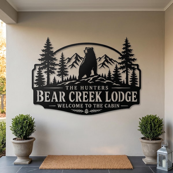 Custom Bear Lodge Metal Sign, Personalized Cabin Welcome Sign, Bear Mountain Wall Art, Rustic Outdoor Lodge Decor, Family Cabin Name Sign
