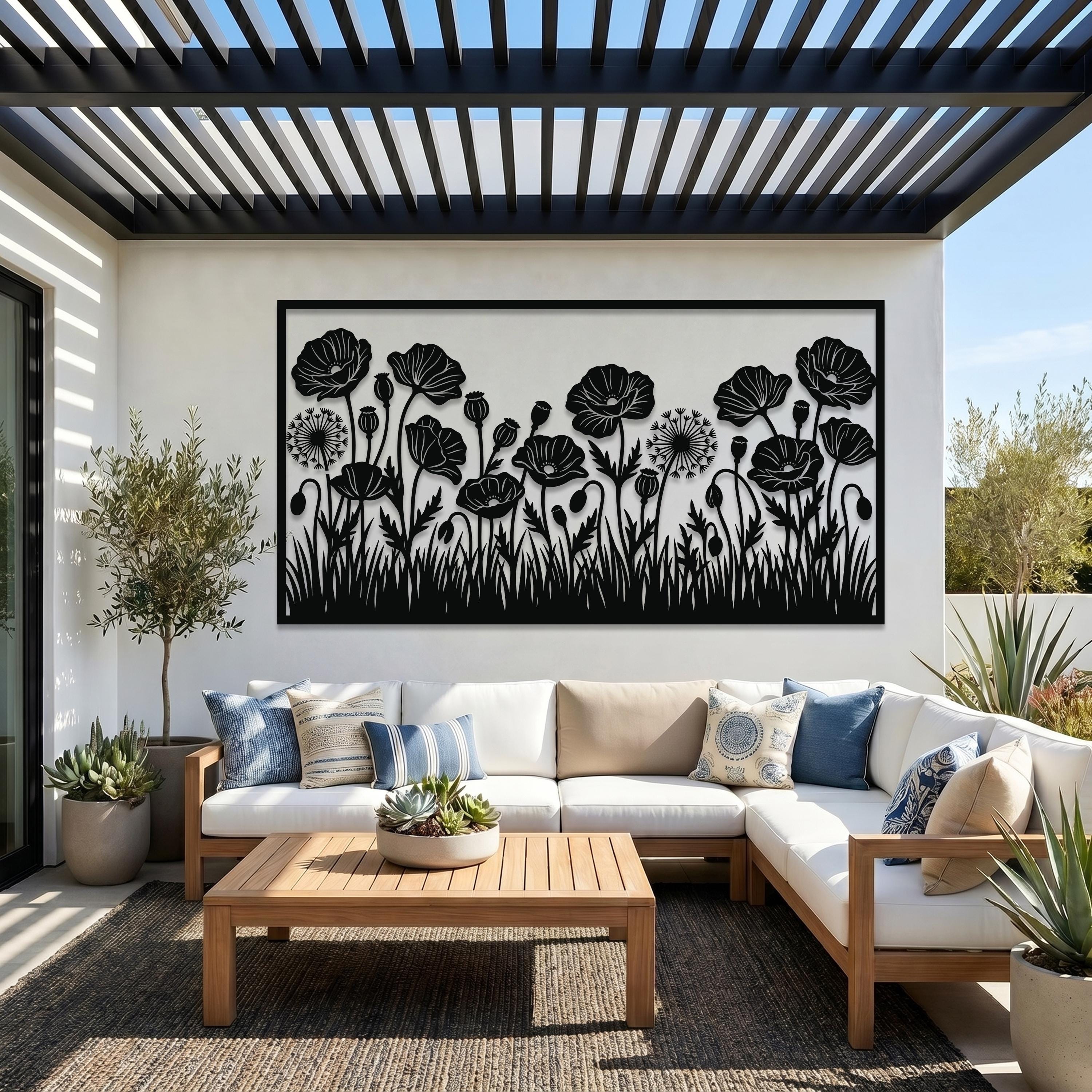 Poppy Flower Metal Wall Art, Outdoor Botanical Wall Panel, Patio Yard…