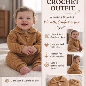 Puede incluir: Un conjunto de crochet para recién nacido en color marrón cálido. El conjunto incluye una parte superior con cuello y pantalones a juego. También incluye el texto "NEWBORN CROCHET OUTFIT" y "CROCHET BY Abbas".