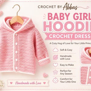 Op de afbeelding: Een roze babyhoodie van gehaakte stof met een capuchon en witte rand, weergegeven op een houten hanger. De afbeelding bevat de tekst "BABY GIRL HOODIE CROCHET DRESS" en "Handmade with Love". Een teddybeer en gehaakte harten staan ook in de afbeelding.