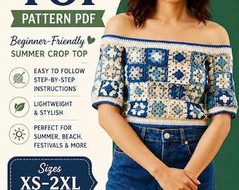 Patroon gehaakte top met off-shoulder pdf | Zomerse croptop voor beginners, geschikt voor dames, XS-2XL | Digitale download
