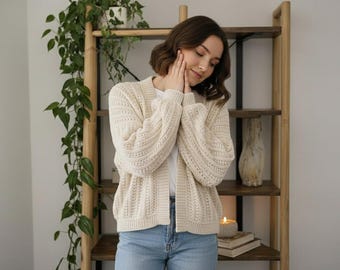 Wzór na kardigan szydełkowy dla początkujących w formacie PDF | Łatwy, obszerny kardigan raglanowy | Samouczek krok po kroku | S–3XL