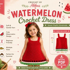 Può includere: Una bambina indossa un vestito all'uncinetto a forma di anguria rosso fatto a mano con rifiniture verdi e bianche. L'abito fa parte di una collezione estiva ed è disponibile in più taglie. L'immagine include il testo "WATERMELON Crochet Dress".