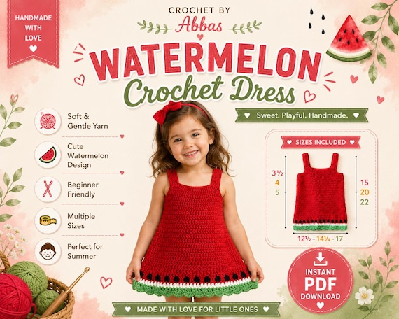 Watermelon Sundress Crochet Pattern PDF | Cute Handmade Summer Outfit for Girls Ages 1, 4 & 6