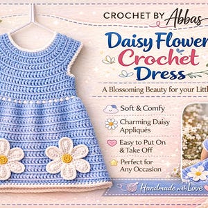 Può includere: Abito all'uncinetto azzurro con applicazioni di margherite bianche. L'abito ha uno scollo tondo ed è appeso a un appendiabiti bianco. Il testo sull'immagine dice "Daisy Flower Crochet Dress".