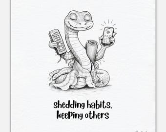 Funny Snake Canvas Print – Shedding Habits Keeping Others – Relatable Wall Art – Minimalist Animal Illustration – Self Aware Humor Decor