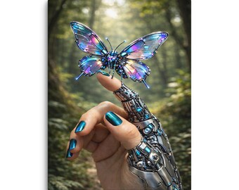 Biotech Butterfly Wall Art Canvas Print – Futuristic AI Inspired Nature Artwork, Cybernetic Hand Modern Home Office Decor, Sci Fi Canvas