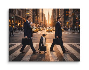 Corporate Penguin Wall Art Canvas Print – Satirical Business Decor, Modern Office Artwork, Funny Entrepreneur Gift, City Street Photography