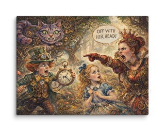 Steampunk Alice in Wonderland Wall Art Canvas Print | Mad Hatter Cheshire Cat Queen of Hearts Wall Art | Fantasy Steampunk Decor