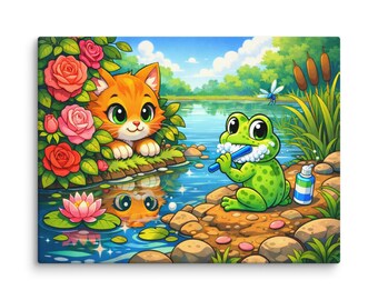 Cute Cat and Frog Nursery Wall Art Canvas Print – Whimsical Storybook Kids Room Decor, Colorful Animal Bedroom Art, Playroom Wall Decor