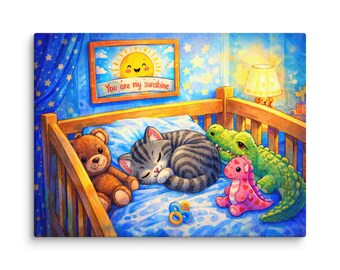 You Are My Sunshine Nursery Wall Art Canvas Print – Sleeping Kitten Baby Room Decor, Cute Crib Wall Art, Toddler Bedroom Canvas