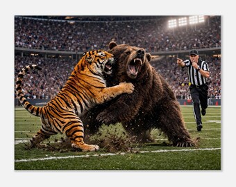 Tiger vs Bear Football Art Print | Intense Animal Battle Wall Art | Sports Rivalry Canvas | Stadium Action Decor | Funny Irony Sports Art