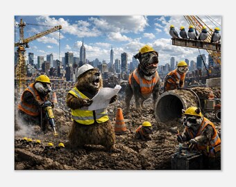 NYC Animal Construction Crew Canvas Print | Funny Hard Hat Animals Wall Art | New York Skyline Decor | Whimsical City Worksite Art