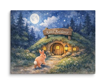 Woodland Bunny Wall Art Canvas Print – Moonlit Nursery Decor, Watercolor Rabbit Bedroom Art, Baby Room Decor, Baby Shower Gift
