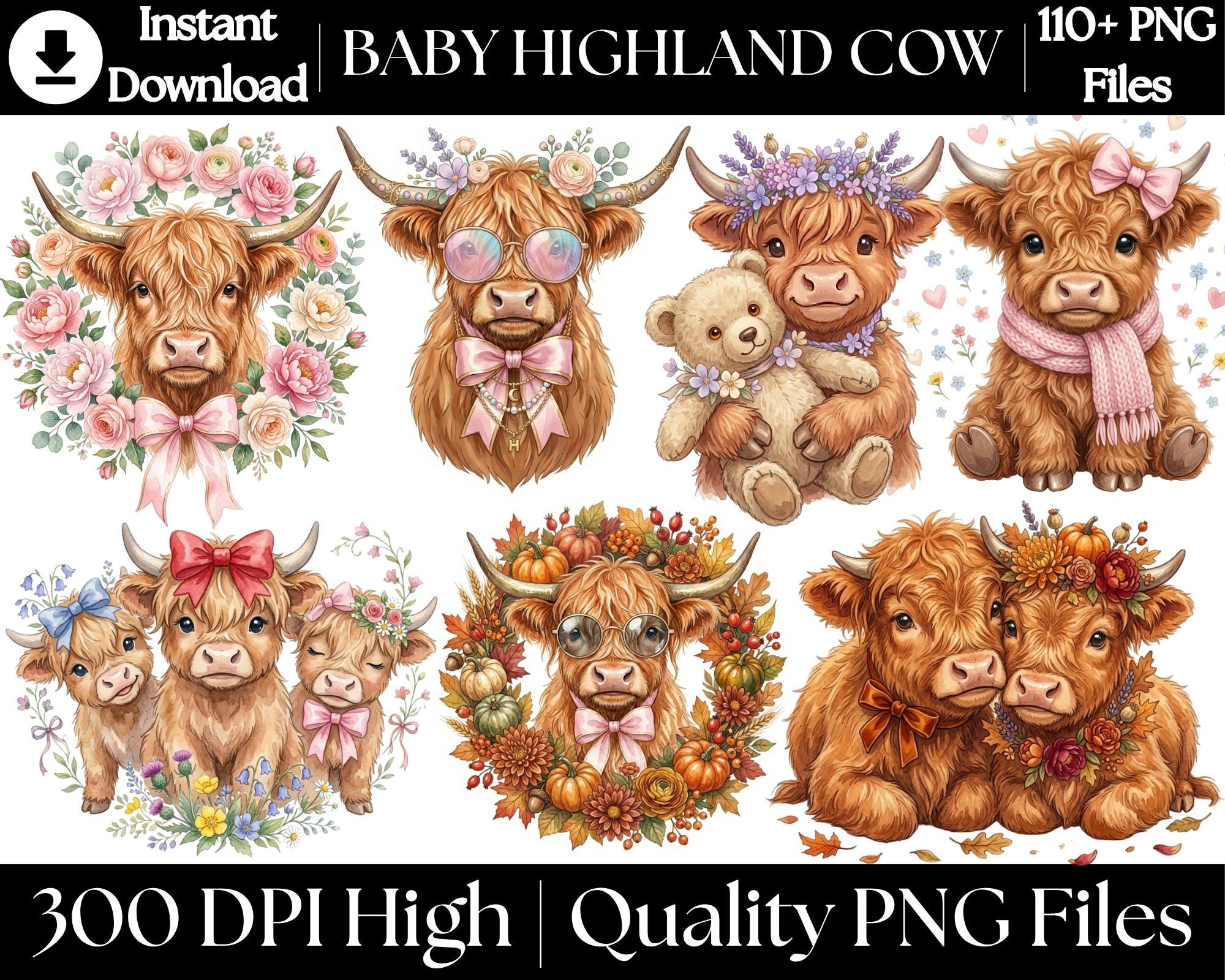 Highland Cow Clipart | Baby Highland PNG | Watercolor Cow | Sunflower ...