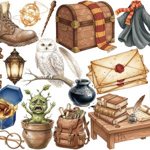 May include: Watercolor illustration of various fantasy-themed objects. Includes a brown leather boot, a wooden chest with a scarf, a snowy owl, a stack of books, a lantern, a wand, a broom, and other magical items.