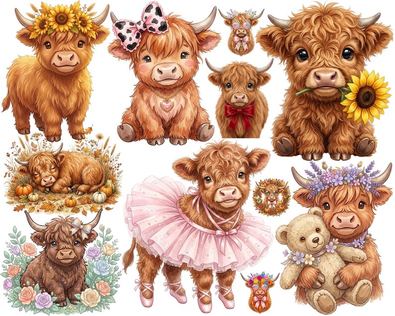 Highland Cow Clipart | Baby Highland PNG | Watercolor Cow | Sunflower ...