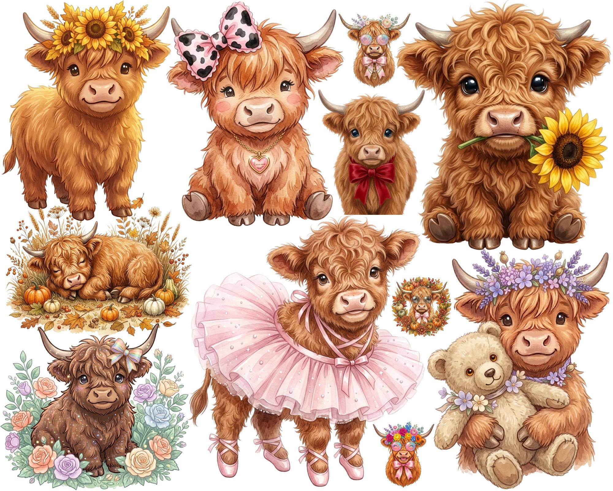 Highland Cow Clipart | Baby Highland PNG | Watercolor Cow | Sunflower ...