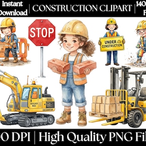 Puede incluir: Una colección digital de imágenes prediseñadas de construcción con personajes de dibujos animados con cascos amarillos y chalecos de seguridad, una señal de stop roja, una barrera naranja, una excavadora amarilla y una carretilla elevadora.